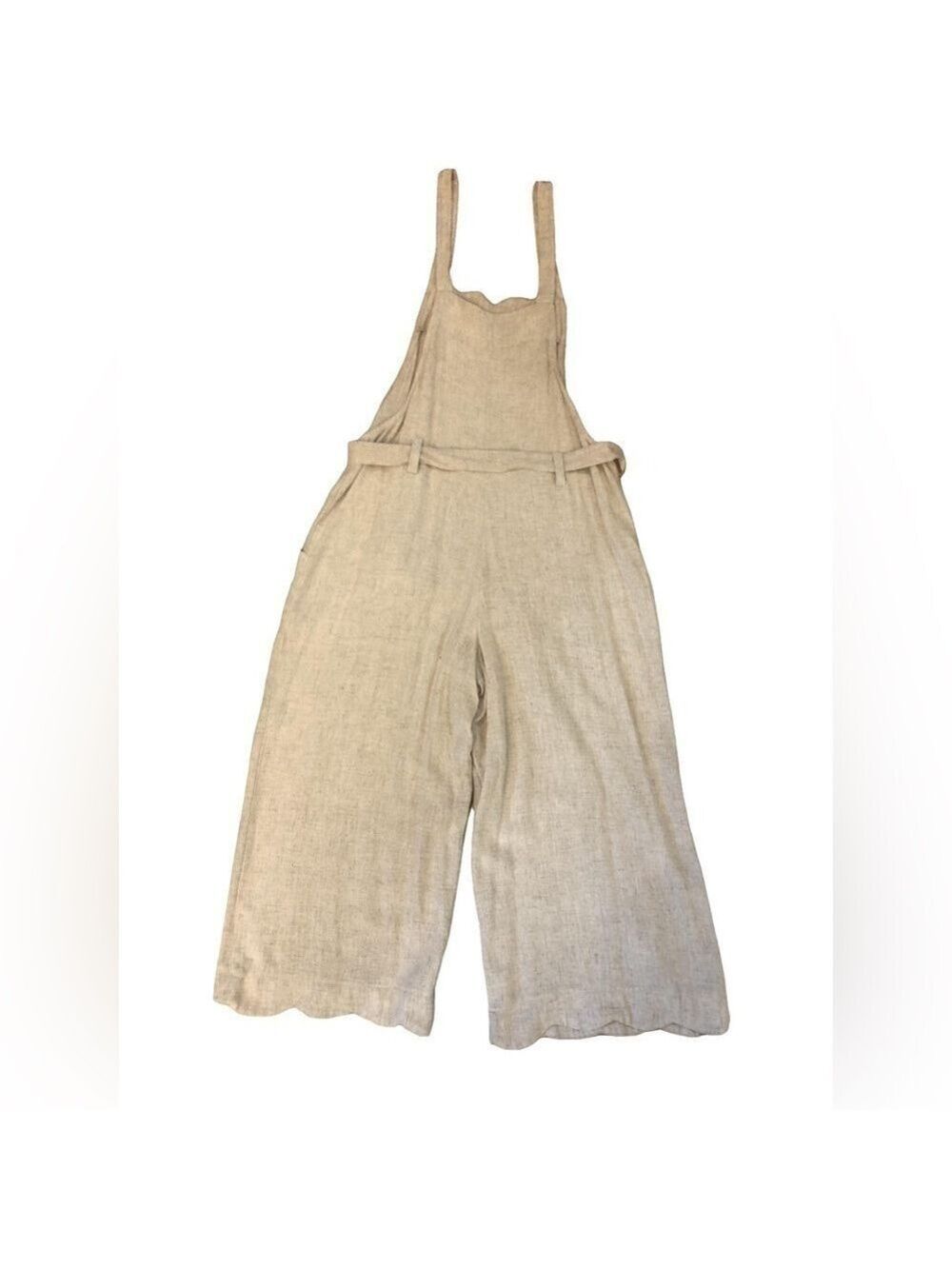 Monteau size L linen blend oatmeal color jumpsuit cropped summer wide leg - Picture 3 of 7